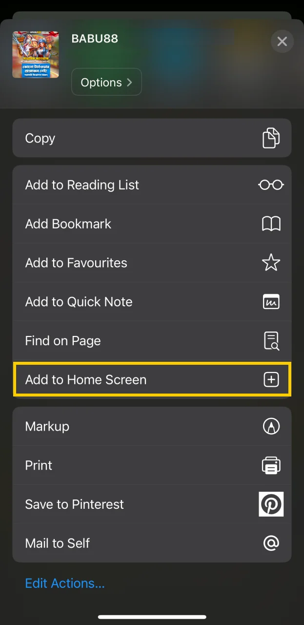 Click add to home screen to install the Babu88 mobile app.