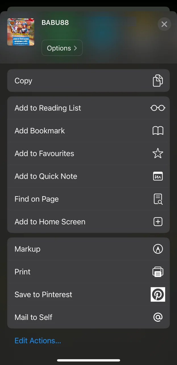 Click share to open the menu and download the Babu88 mobile app.