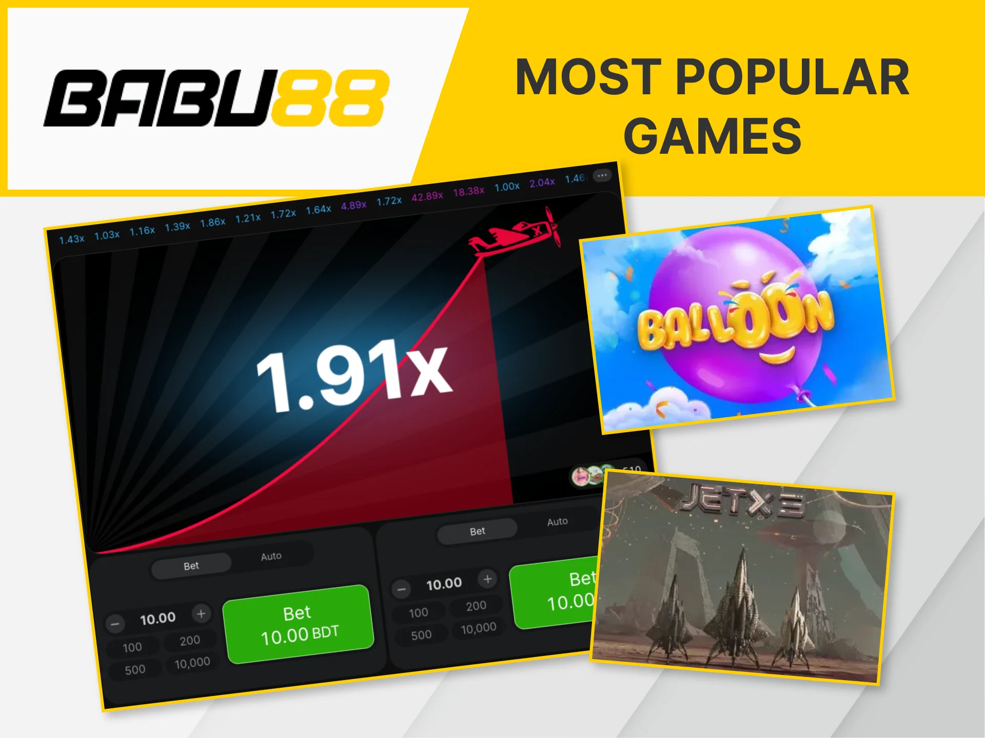 The most popular Babu88 crash games are available on the website and in the mobile app.