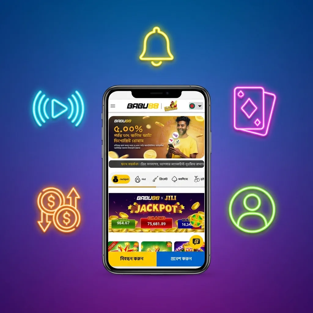 Babu88 mobile app interface showing sports betting, casino games, and account management features on smartphone screen