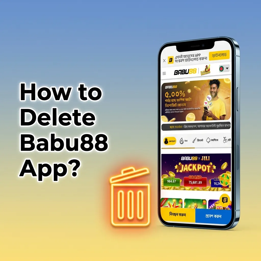 Smartphone screen showing Babu88 app icon being dragged to uninstall option on Android and iOS devices