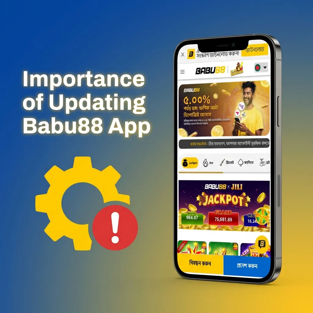 Smartphone displaying Babu88 app update notification with security shield icon and enhanced features list